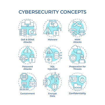 Cybersecurity soft blue concept icons. Sql injection, personal privacy. Ddos attack. Internet protection. Icon pack. Vector images. Round shape illustrations for brochure, booklet. Abstract idea