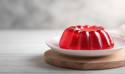 A red jelly dessert is sitting on a white plate