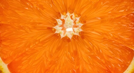 Closeup of an orange slice revealing juicy segments radiating from the center