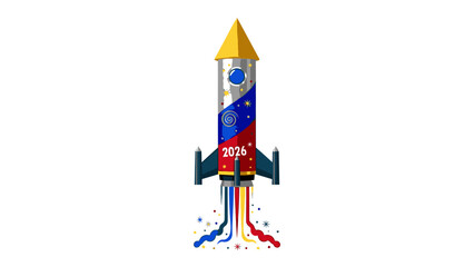 Illustration of a colorful rocket launching into the air with confetti, celebrating Happy New Year 2026 with a festive and joyful mood.