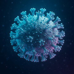 Virus Particle with Blue and Pink Spikes on Dark Background