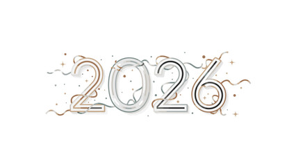 A celebratory graphic design element featuring the year 2026 in large, metallic numbers with colorful confetti and streamers on a white background, symbolizing Happy New Year 2026.