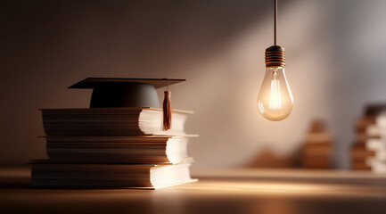 A tranquil study scene featuring stacked books, a graduation cap, and an illuminated light bulb, symbolizing knowledge and inspiration.