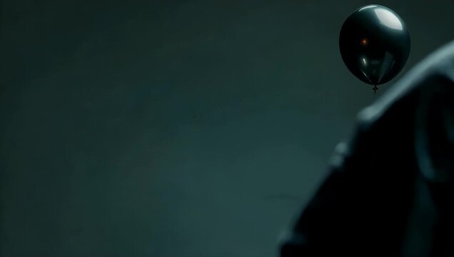 Abstract 4K Ultra HD motion graphic video of a simple black balloon hanging or levitating prominently in the upper corner of the frame with the image partially framed by a dark moving mass