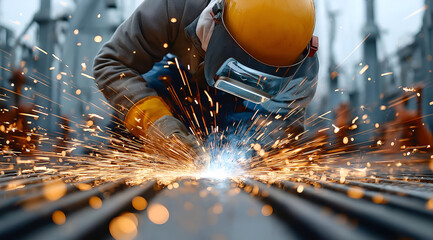 A skilled worker welds metal, creating sparks, showcasing craftsmanship and dedication in industrial settings.