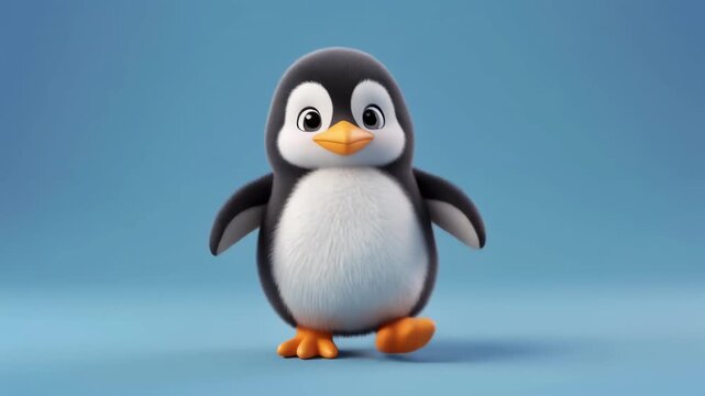 A cute 3D rendered cartoon penguin with big eyes and a yellow beak stands on a light blue background.