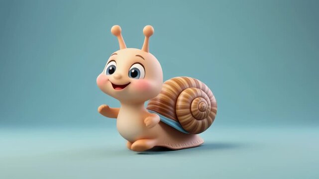 Adorable 3D rendered cartoon snail with a happy smile and big eyes on a light blue background.