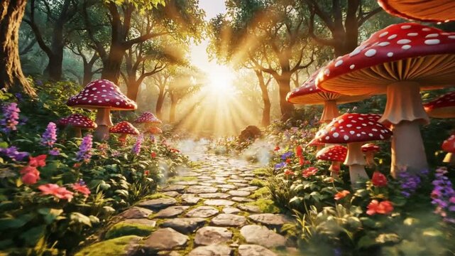 Whimsical illustration of a stone path through a vibrant alice wonderland forest with giant mushrooms and colorful flowers under sunbeams.