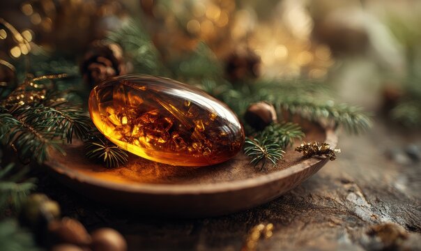 A small amber colored stone is on a wooden plate