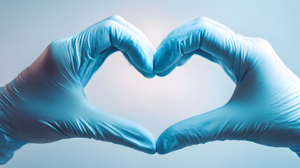 Fototapeta premium Medical Love Gesture: Gloved hands forming a heart, conveying care and compassion in a sterile setting. It's a symbol of hope. 