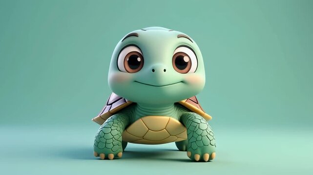 A charming 3D rendered illustration of a cute baby sea turtle with big eyes and a friendly smile, set against a soft teal background.