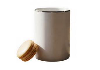 Minimalist composition with a white mug and a single macaron on a black background isolated on transparent background