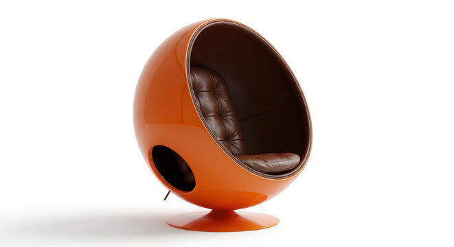 Modern orange egg-shaped chair with brown leather interior on white background