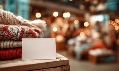 A white card with a blank space on it is on top of a pile of clothes