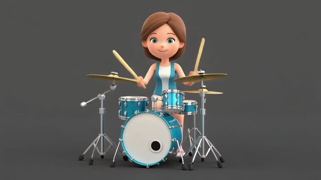 A cute 3D cartoon girl character with brown hair playing a blue drum set on a plain grey background.