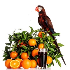 A vibrant parrot perches atop a citrus tree laden with oranges, near a glass of dark juice