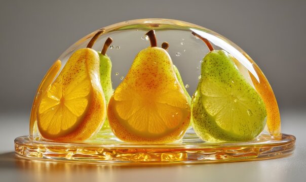 A glass bowl with three pears and three oranges