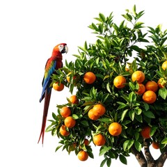 A vibrant parrot perches on a lush citrus tree laden with ripe oranges, isolated on white