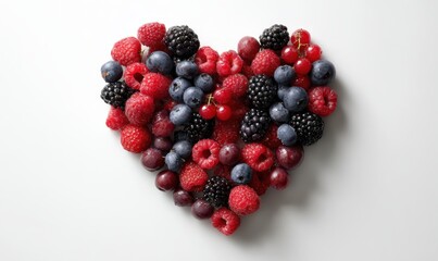 A heart made of fruit including raspberries and blueberries