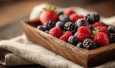 A wooden tray with a variety of berries including blueberries and strawberries