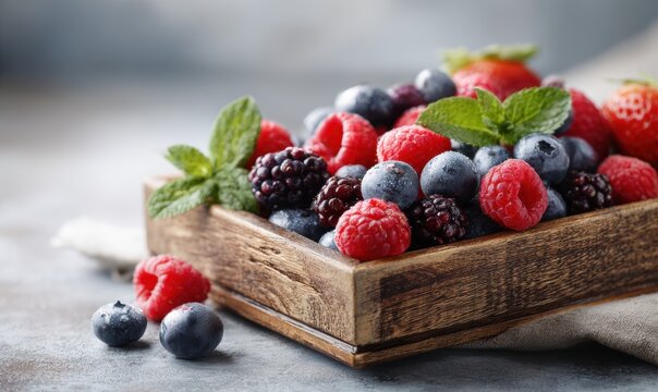 A wooden box filled with blueberries, raspberries, and mint - Powered by Adobe