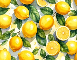A vibrant pattern of lemons and green leaves scattered on a bright, textured background