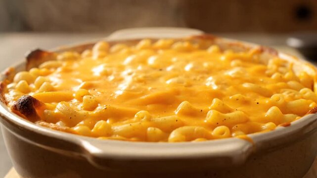A close-up shot of a baked macaroni and cheese dish in a ceramic dish with golden and bubbly cheese