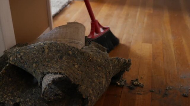 Carpet Removal Series - Camera pans to ripped up padding and carpet