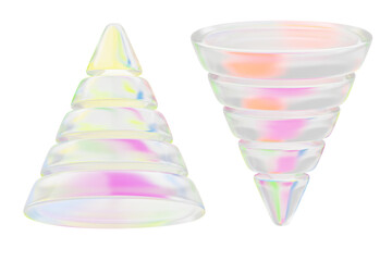 3d glass pearlescent cone and sales funnel. Marketing infographic, business concept. Abstract crystal geometric shapes with rainbow color gradient, isolated render icon set