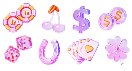 3d glass holographic casino game icons with pink gold gradient. Poker chips, cards, dice, cherry, clover, horseshoe, coins, dollar sign. UI elements, luck symbols, jackpot in gambling
