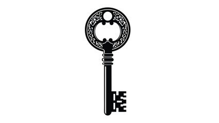An ornate black and white illustration of a vintage skeleton key
