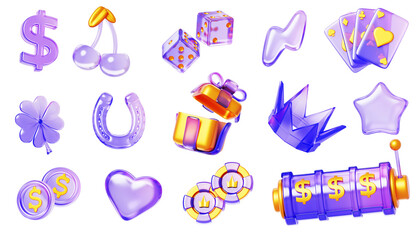 3d glass holographic casino icon set. Neon poker game chips, playing cards, dice, slot machine, cherry, horseshoe, clover, crown, gold gift box, dollar coins, heart, star, lightning