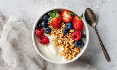 A bowl of cereal with blueberries and strawberries
