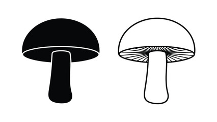 Simple black and white illustration of two mushroom outlines one solid one detailed
