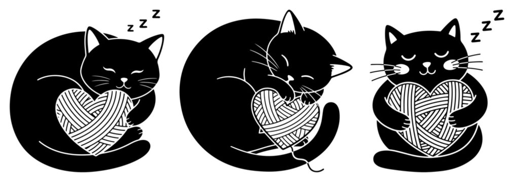 Cute sleeping black cats holding heart shaped yarn balls