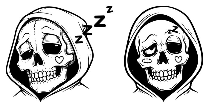 Tired grim reaper skull wearing hood sleeping vector illustration