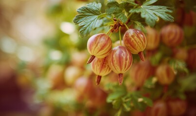 A bunch of small fruits with green leaves