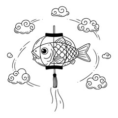 Decorative chinese koi fish lantern with clouds vector illustration