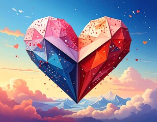 A vibrant, polygonal heart floats above fluffy clouds, with a mountain range backdrop