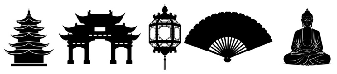 Set of black silhouette icons featuring asian culture symbols and architecture