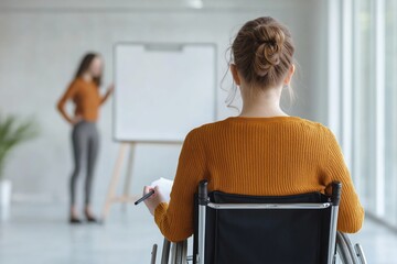 Woman in wheelchair attending business presentation with whiteboard and presenter in modern office disability inclusion and accessibility concept