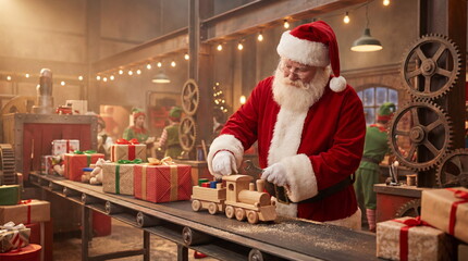 Santa working in factory with conveyor of gifts