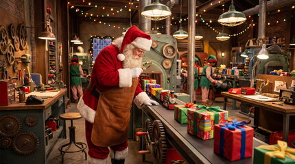 Santa working in factory with conveyor of gifts