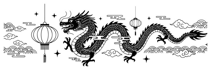 Horizontal banner featuring a majestic chinese dragon and hanging lantern among clouds © Kaz