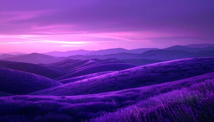 A vibrant purple and pink landscape of rolling hills and lavender fields at dusk