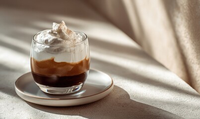 A glass of coffee with whipped cream on a white plate