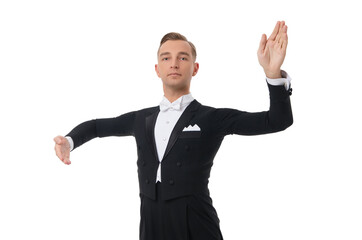 Ballroom dancer dancing waltz solo. Man dancing waltz. Professional ballroom dancer in tux. Dancing waltz formalwear. Dancer of ballroom dance. Sport dance. Dance guy isolated on white
