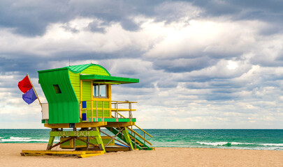 Lifeguard over Miami beach. Panoramic seascape of Miamis famous coastline. South Miami Beach. Miami...