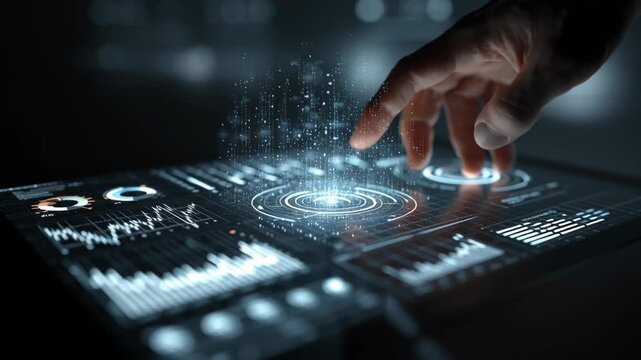 Futuristic digital interface hologram charts graphs hand technology data visualization touchscreen interaction glowing display business analytics digital organization innovation virtual control