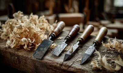 Four woodworking tools are on a table